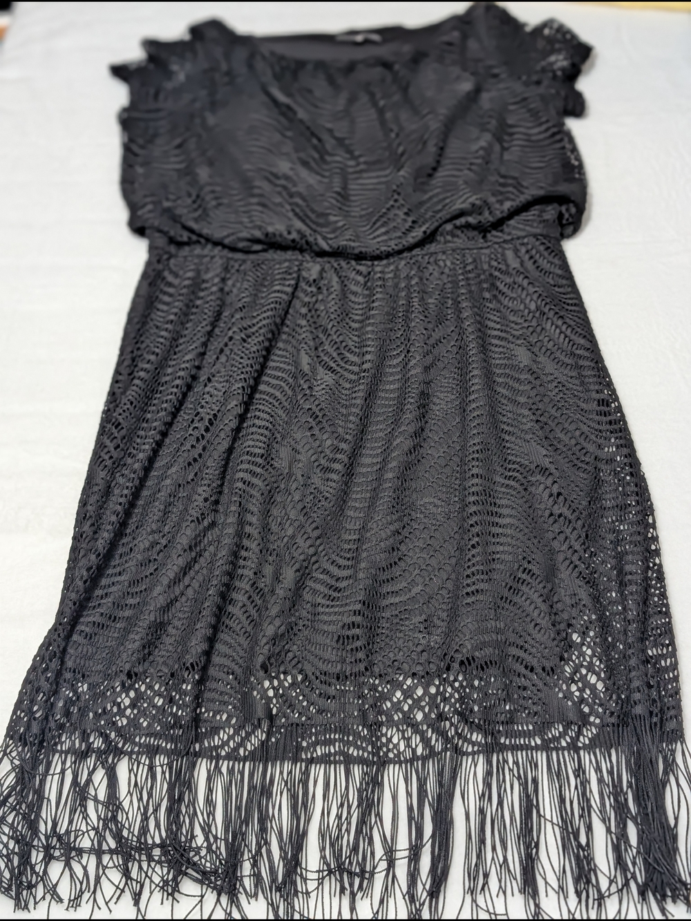 Covington Black Crochet Midi Dress with Fringe Western Size 16